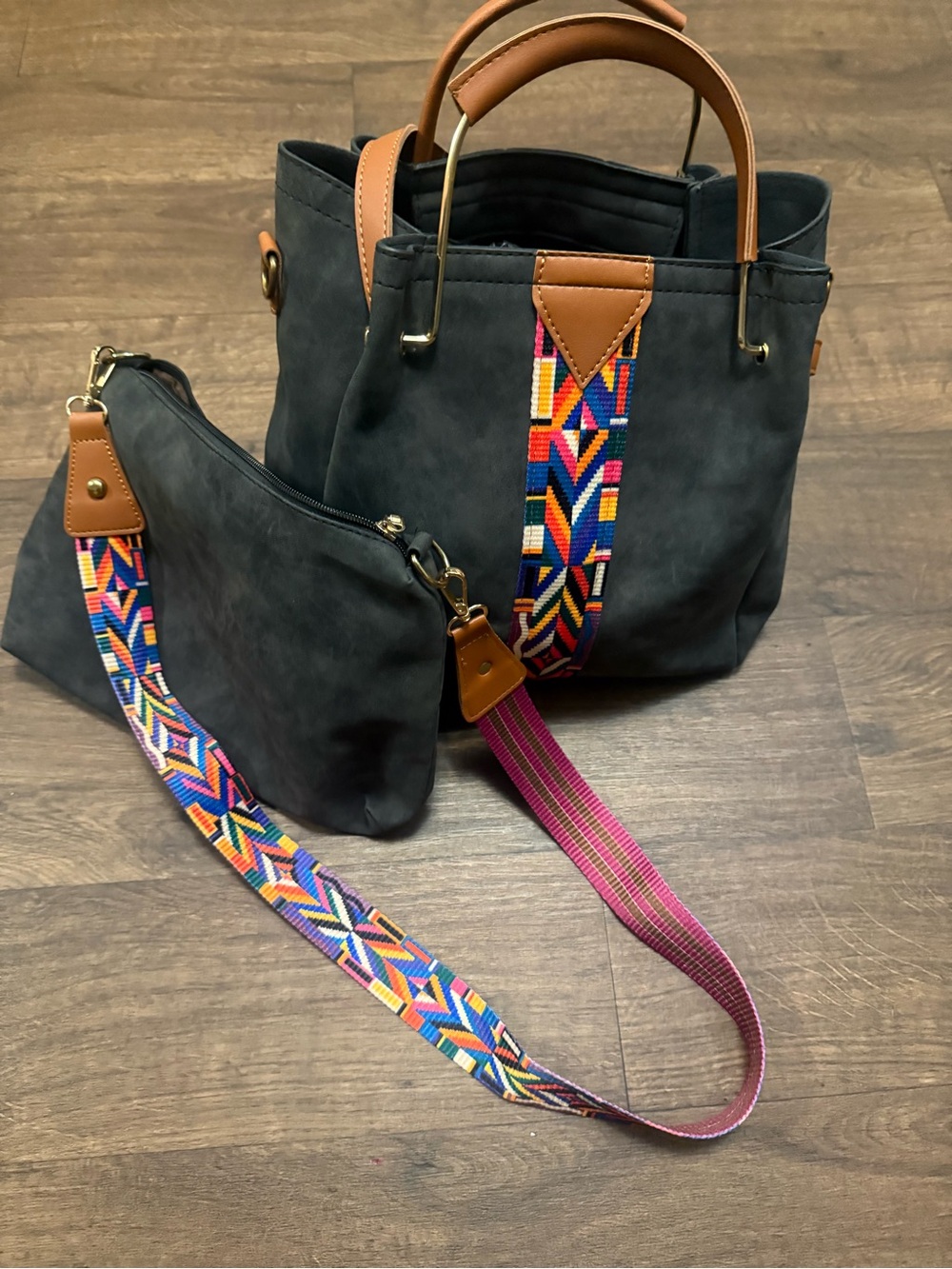 Stylish Black Tote & Crossbody Set with Colorful Strap